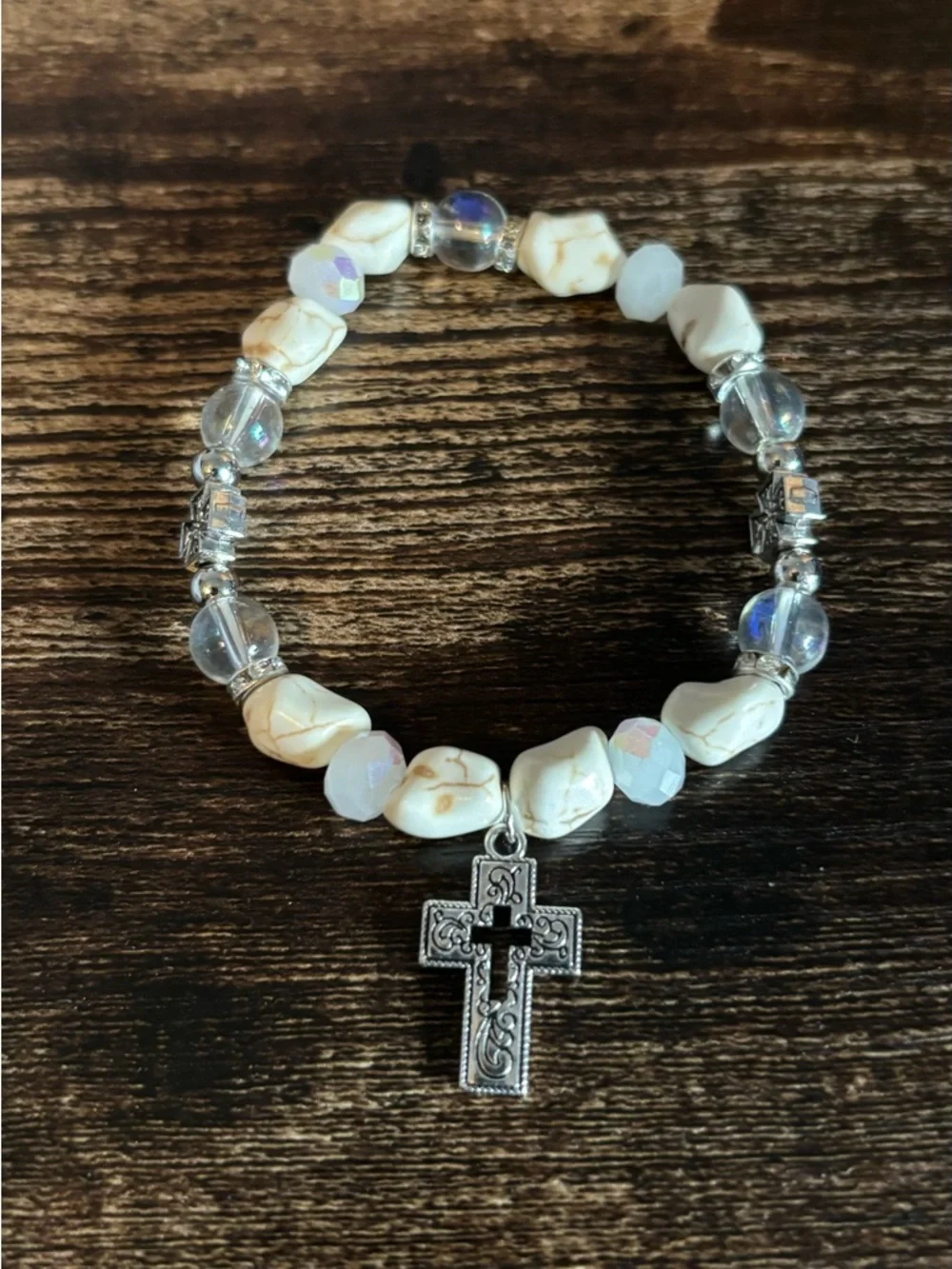 White Howlite Beaded Cross Stretch‎ Bracelet